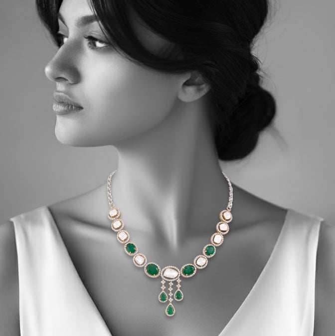 Polki and Zambian Emerald Necklace with Cascading Drops